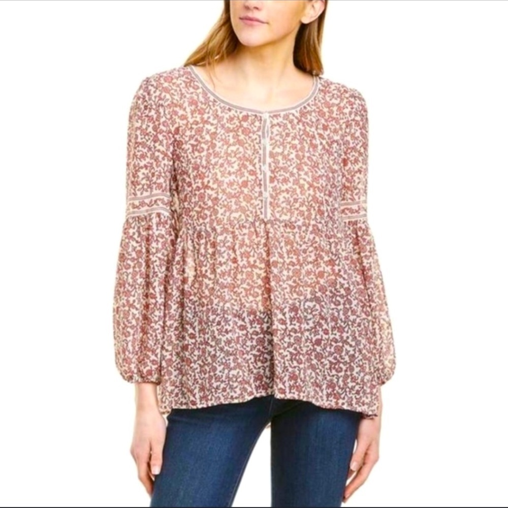 Max Studio sheer floral Bubble sleeve crepe boho button blouse size small